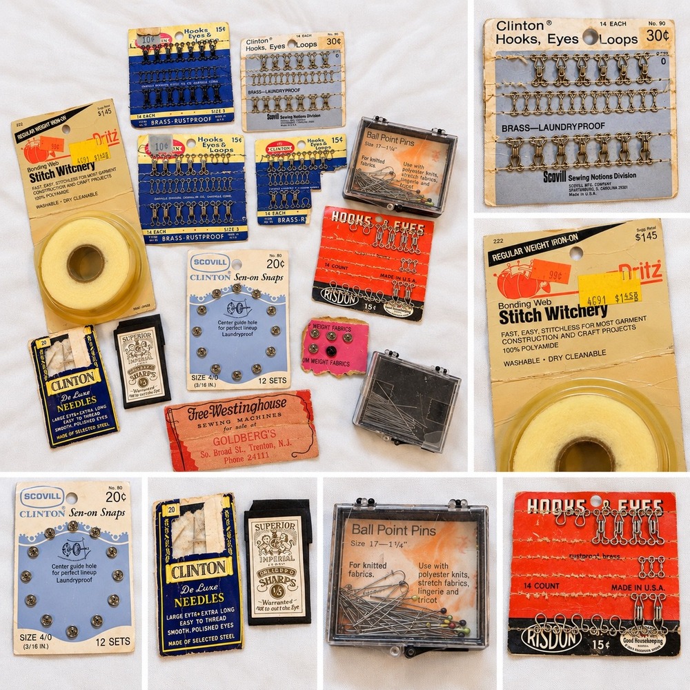 Vintage Sewing Notions Lot Clinton Scovill Hooks Eyes Snaps Needles Dritz USA